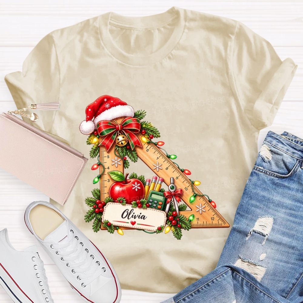 Personalized Name Math Teacher Christmas Ruler School Apple Santa Hat Teacher T-shirt