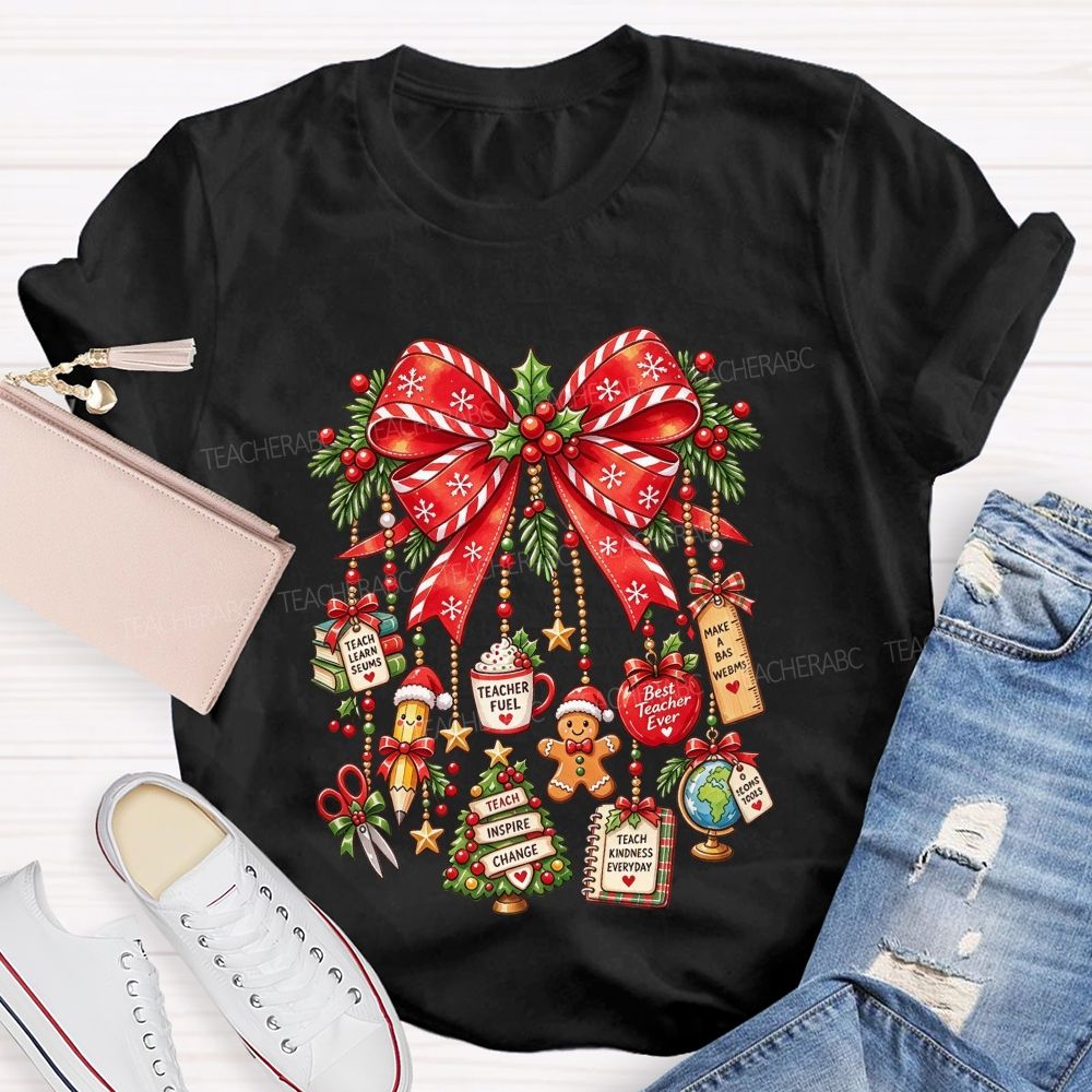 Teacher Christmas Coquette Bow Best Teacher Ever Holiday Teacher T-shirt