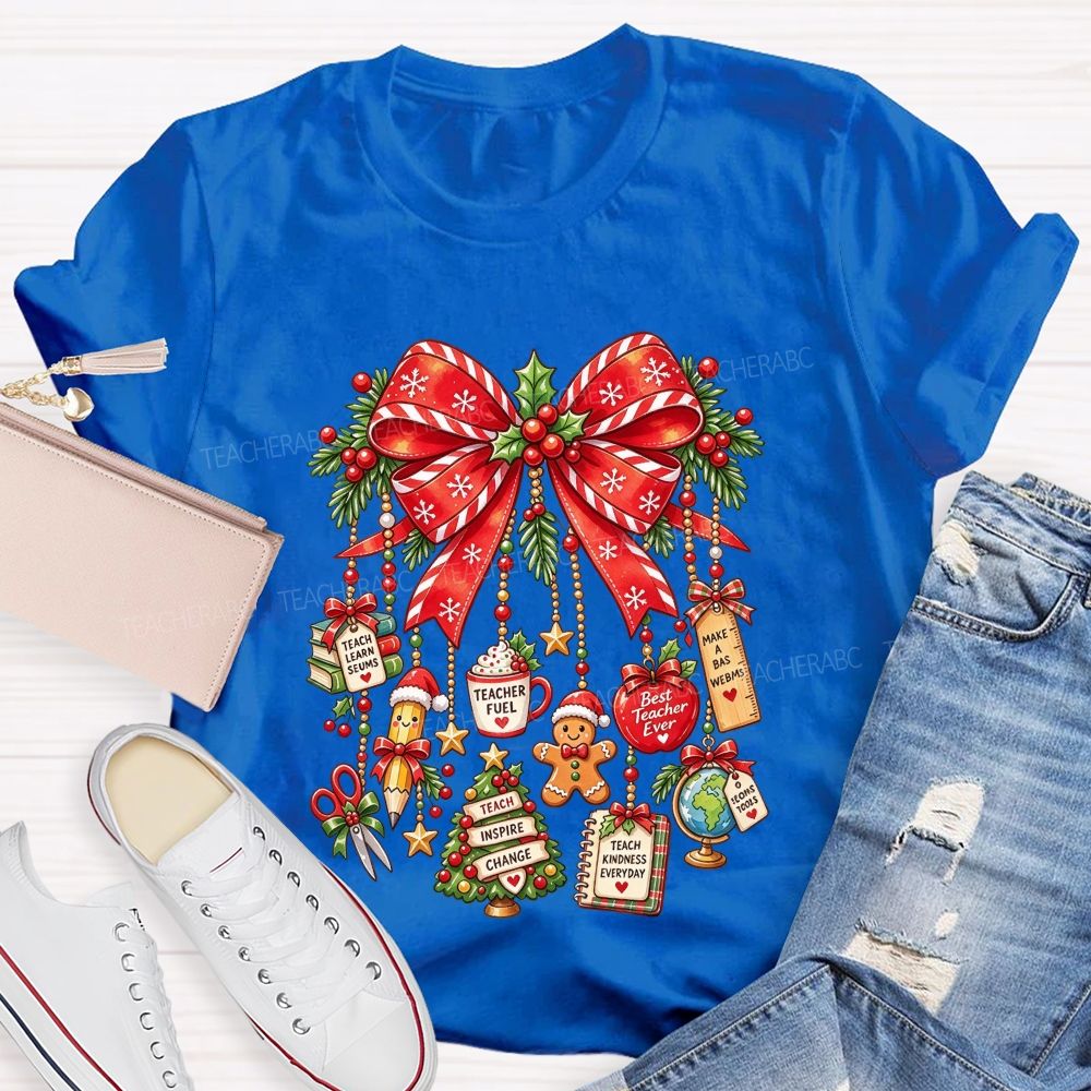 Teacher Christmas Coquette Bow Best Teacher Ever Holiday Teacher T-shirt