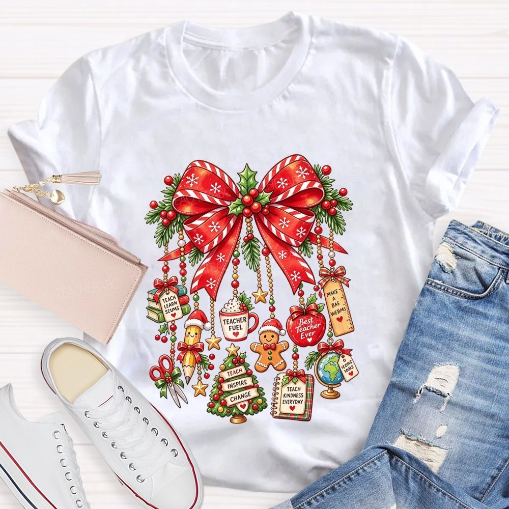 Teacher Christmas Coquette Bow Best Teacher Ever Holiday Teacher T-shirt
