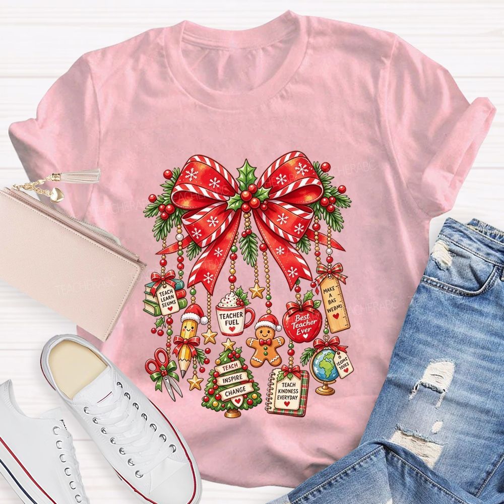 Teacher Christmas Coquette Bow Best Teacher Ever Holiday Teacher T-shirt