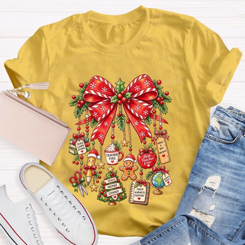 Teacher Christmas Coquette Bow Best Teacher Ever Holiday Teacher T-shirt
