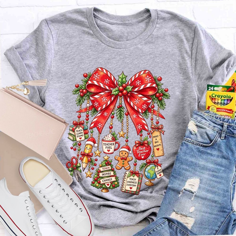 Teacher Christmas Coquette Bow Best Teacher Ever Holiday Teacher T-shirt