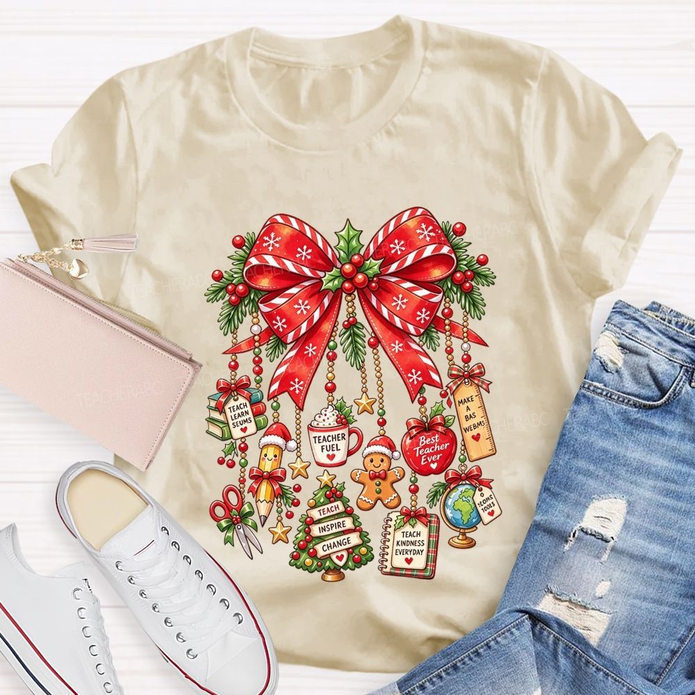 Teacher Christmas Coquette Bow Best Teacher Ever Holiday Teacher T-shirt