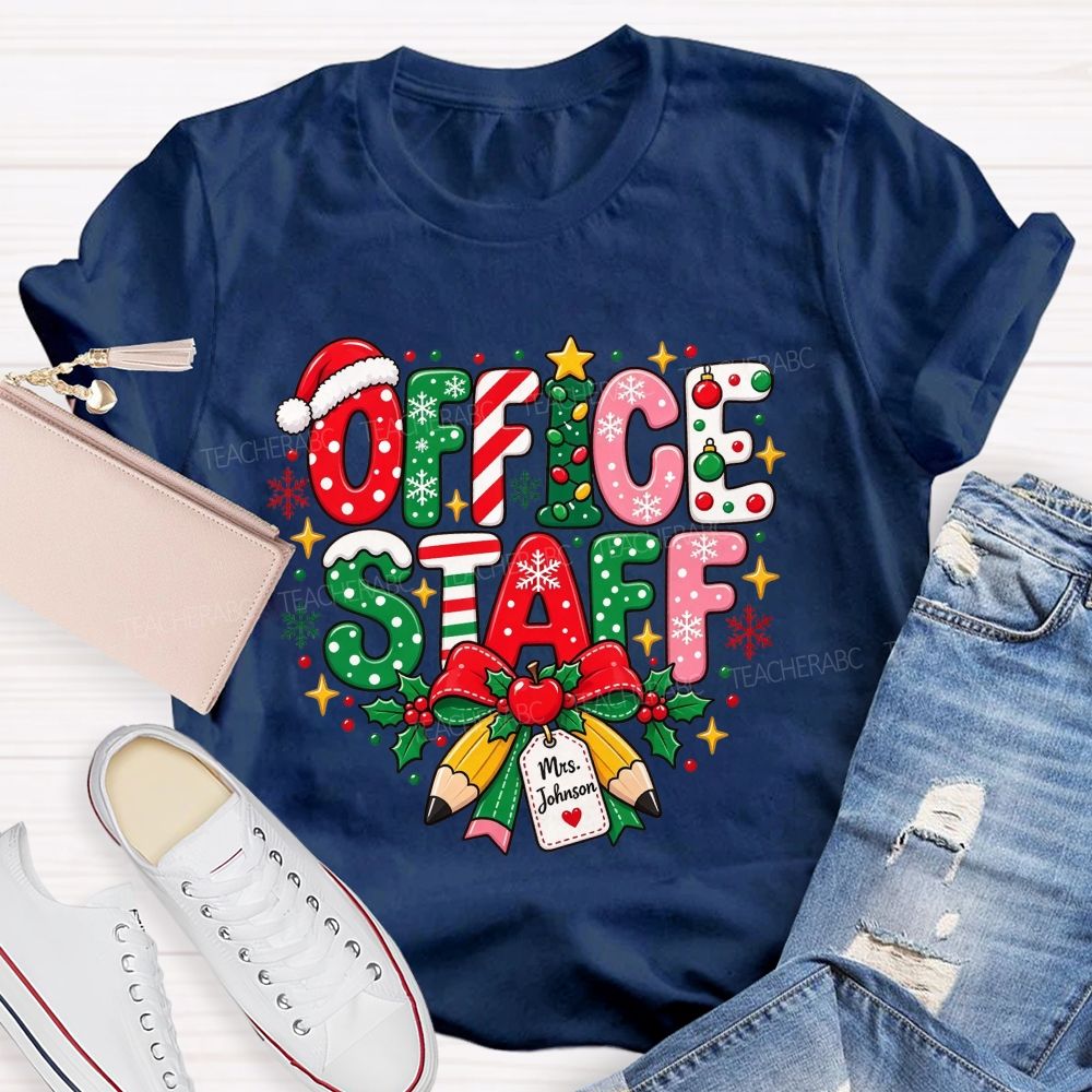 Personalized Name Office Staff Christmas Doodle Letters School Admin T-shirt