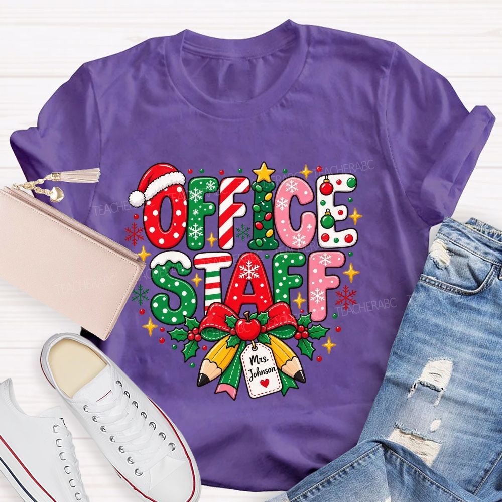 Personalized Name Office Staff Christmas Doodle Letters School Admin T-shirt