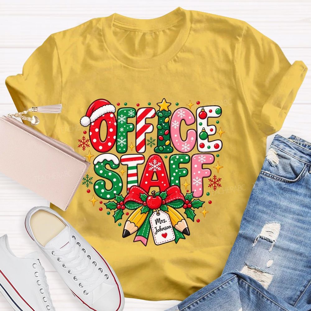Personalized Name Office Staff Christmas Doodle Letters School Admin T-shirt