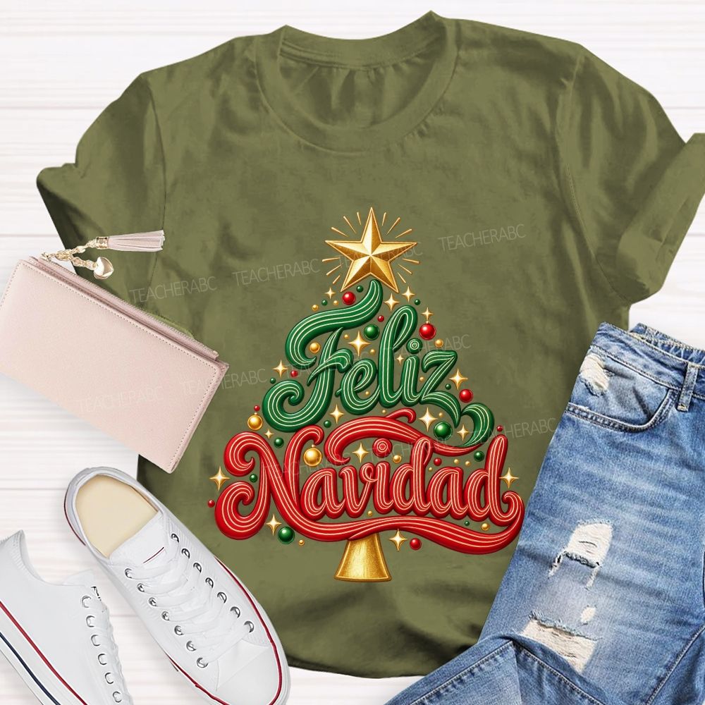 Feliz Navidad Christmas Tree Spanish Merry Christmas Teacher T-shirt