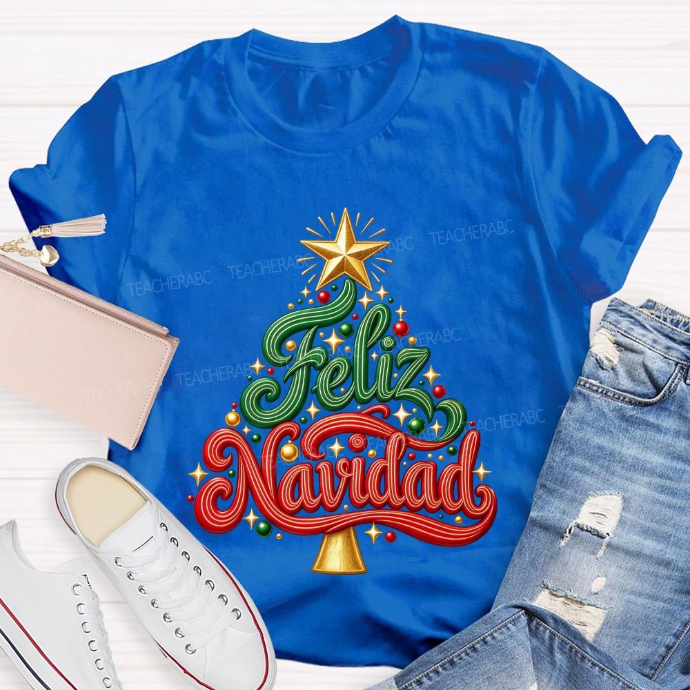 Feliz Navidad Christmas Tree Spanish Merry Christmas Teacher T-shirt