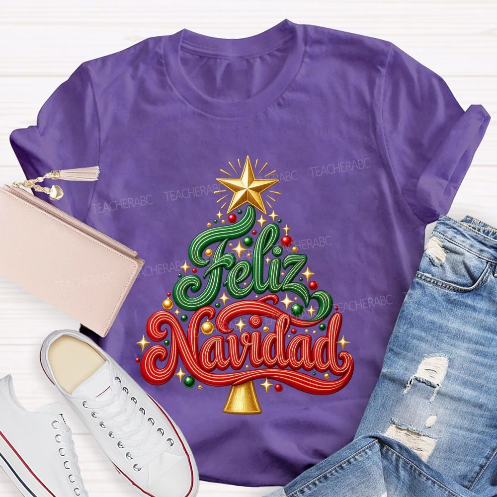Feliz Navidad Christmas Tree Spanish Merry Christmas Teacher T-shirt