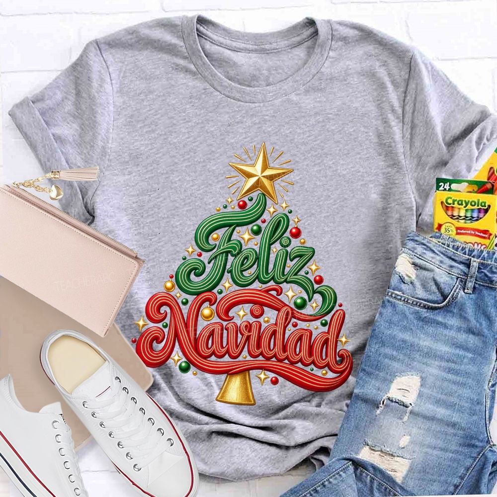 Feliz Navidad Christmas Tree Spanish Merry Christmas Teacher T-shirt