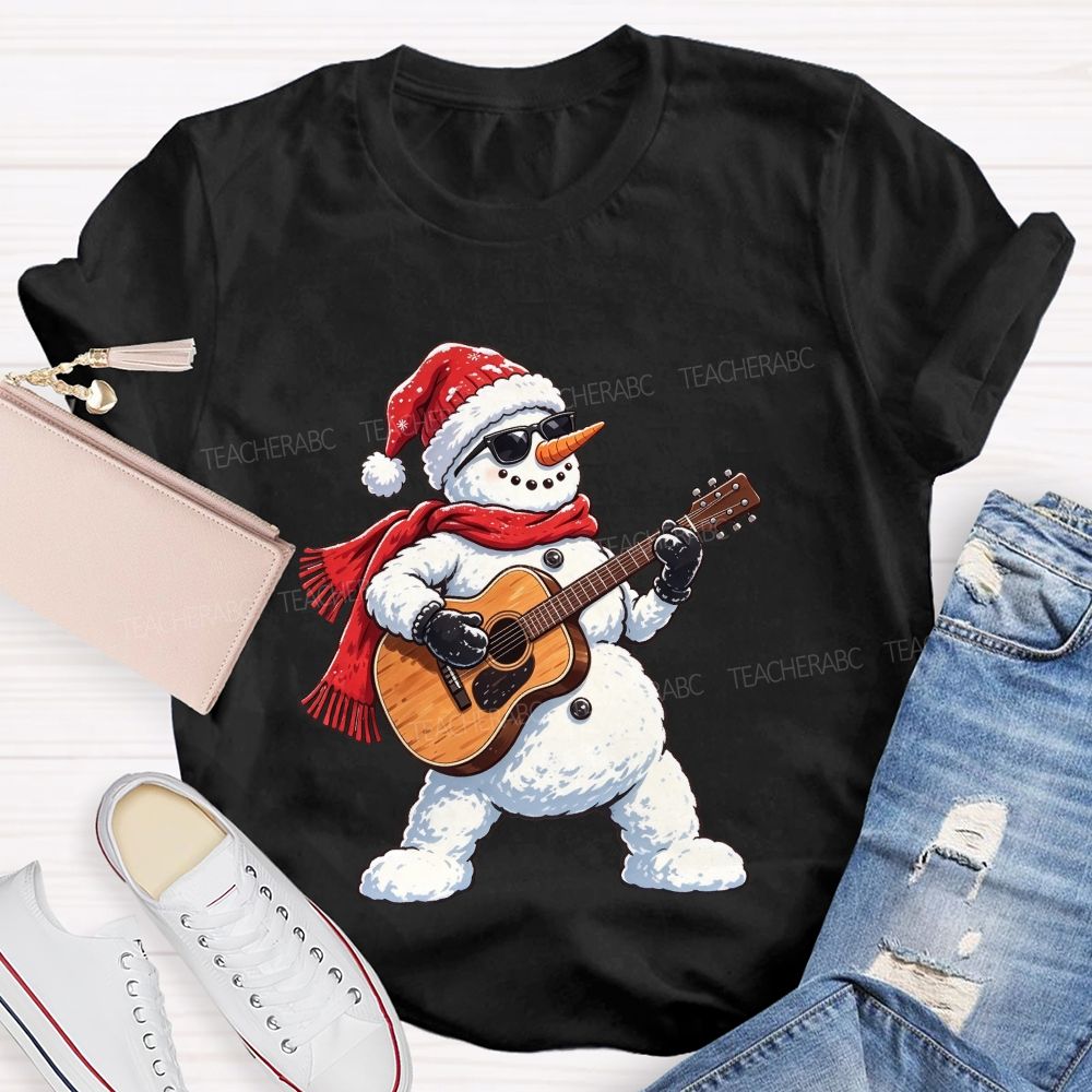 Cool Rock Snowman Playing Guitar Christmas Teacher T-shirt