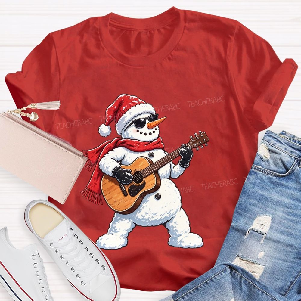 Cool Rock Snowman Playing Guitar Christmas Teacher T-shirt