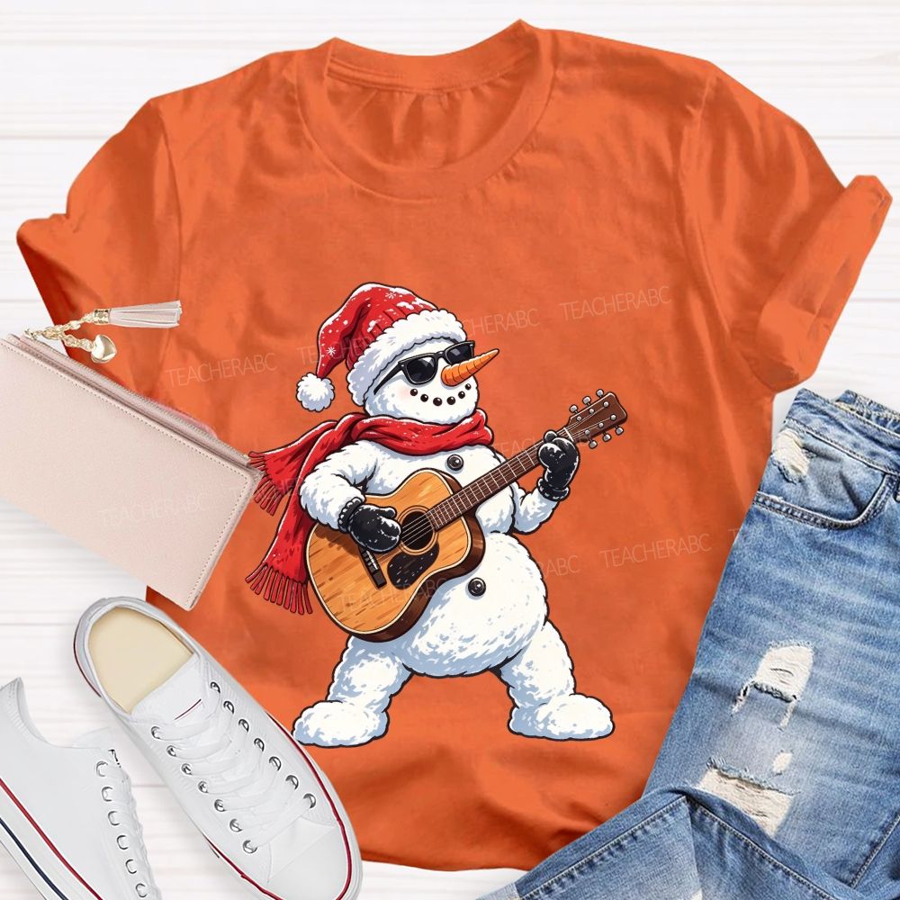 Cool Rock Snowman Playing Guitar Christmas Teacher T-shirt