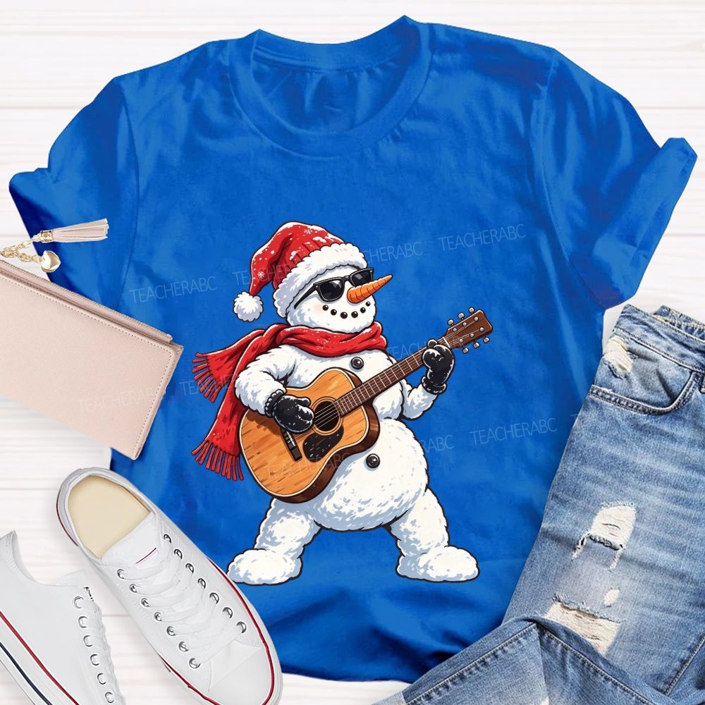 Cool Rock Snowman Playing Guitar Christmas Teacher T-shirt