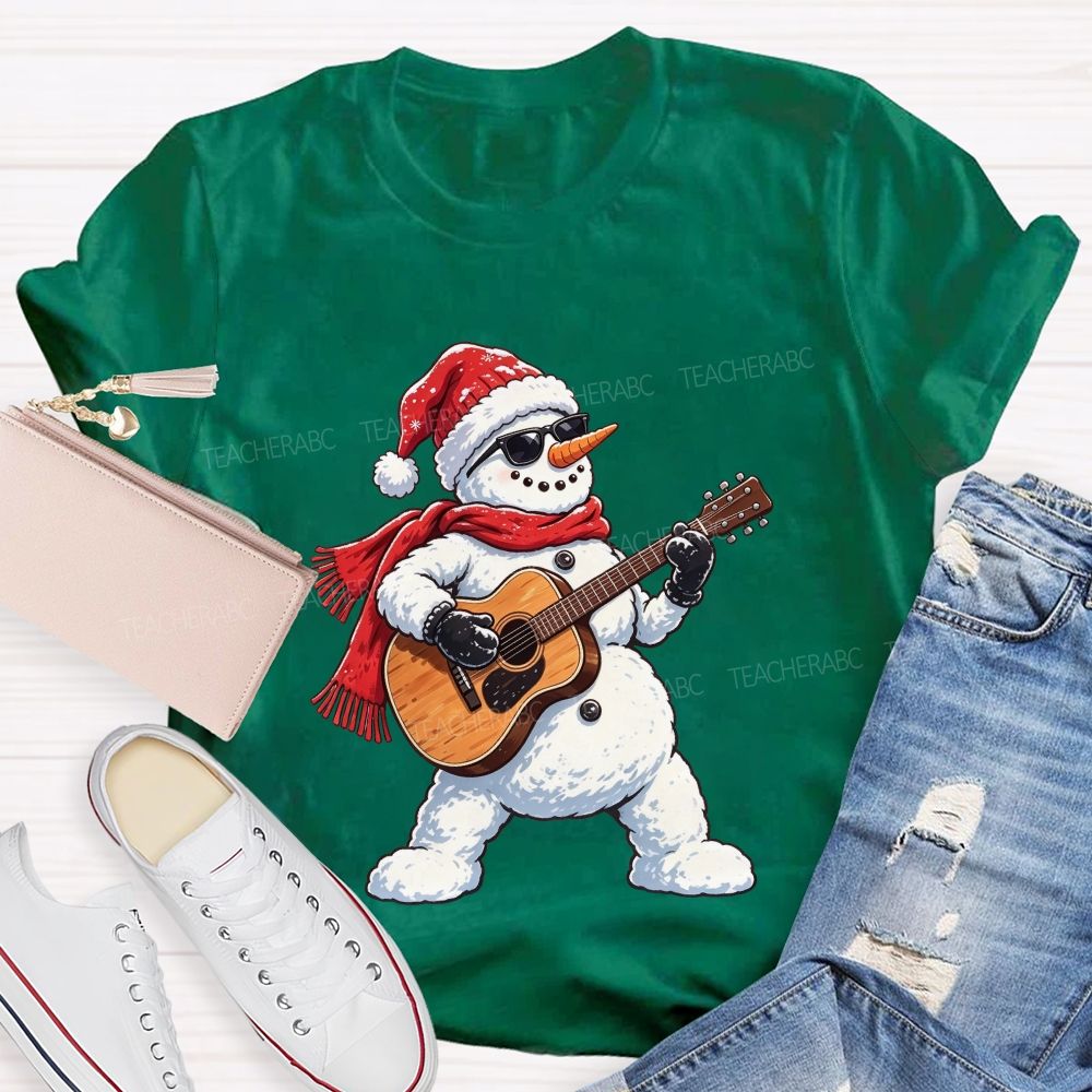 Cool Rock Snowman Playing Guitar Christmas Teacher T-shirt