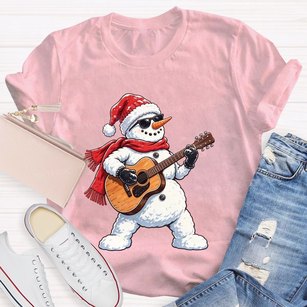 Cool Rock Snowman Playing Guitar Christmas Teacher T-shirt