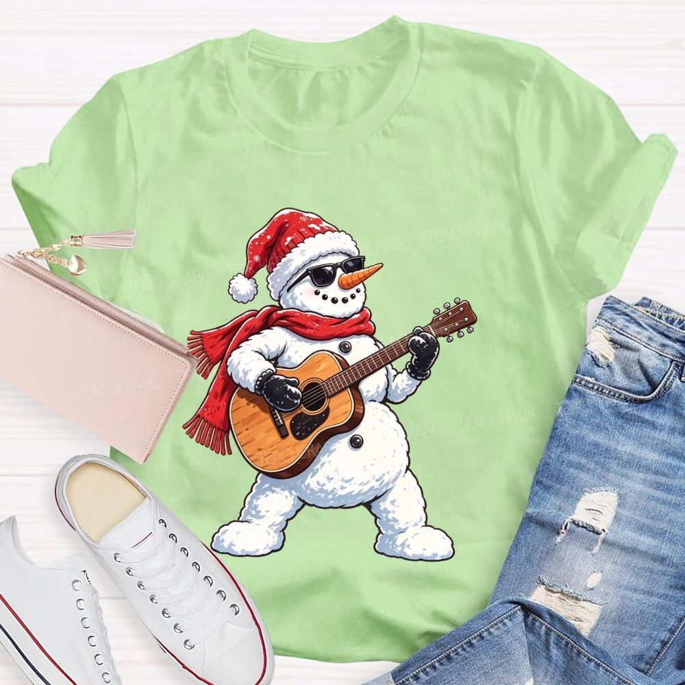 Cool Rock Snowman Playing Guitar Christmas Teacher T-shirt