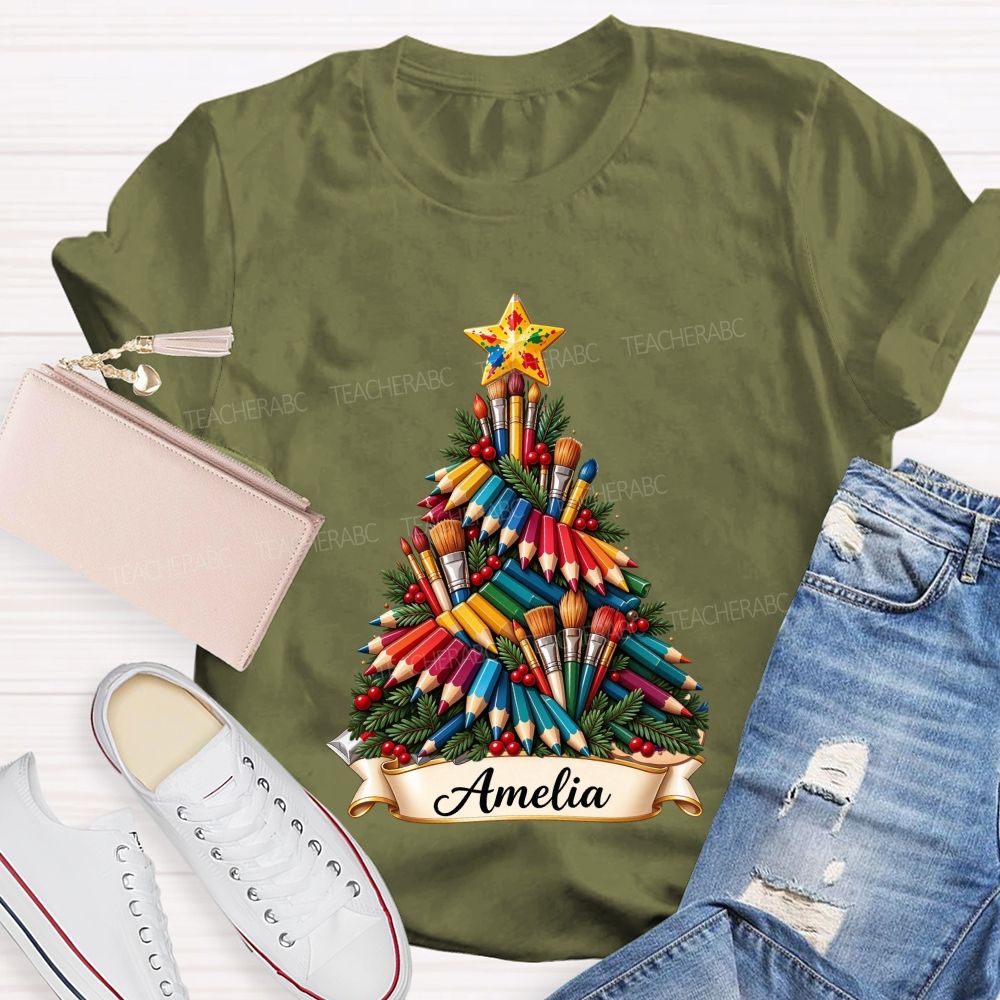 Personalized Name Paint Brush Colored Pencil Christmas Tree Art Teacher T-shirt