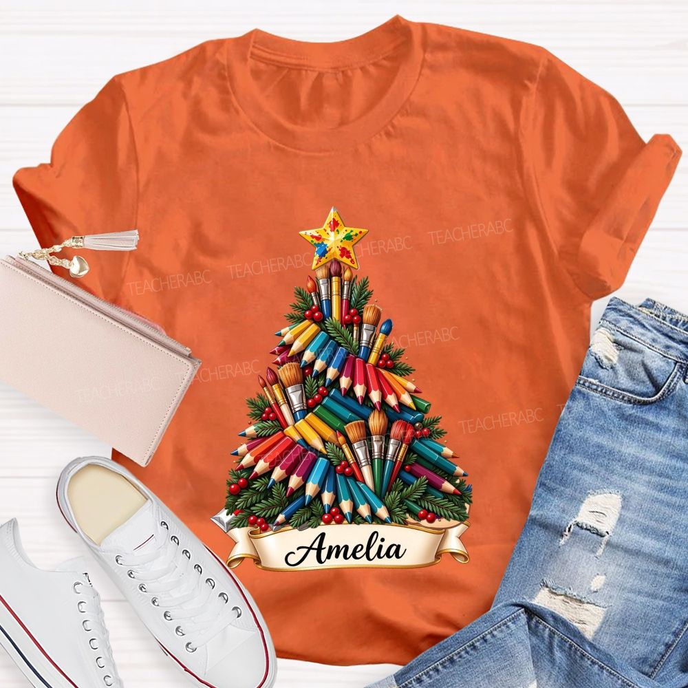 Personalized Name Paint Brush Colored Pencil Christmas Tree Art Teacher T-shirt