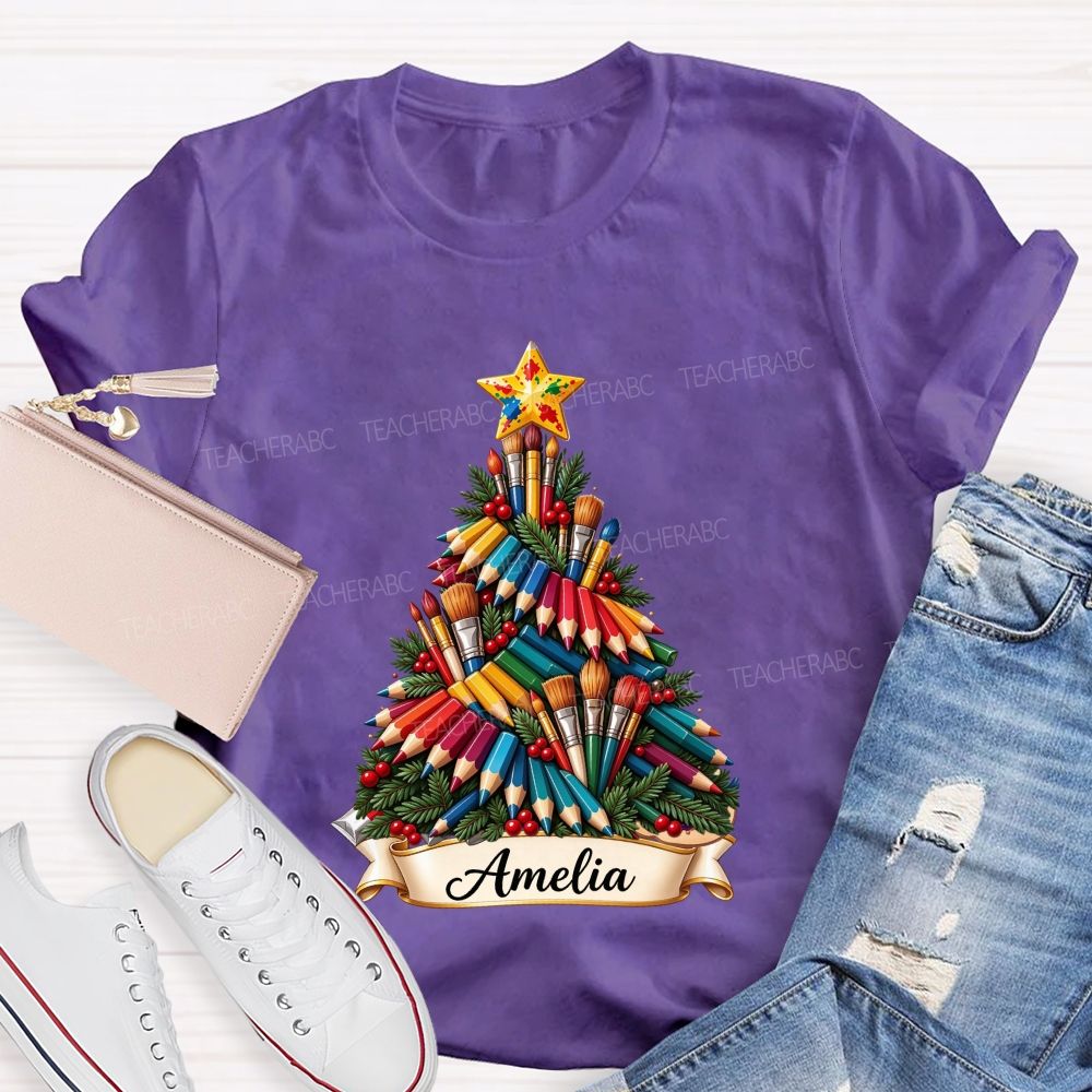Personalized Name Paint Brush Colored Pencil Christmas Tree Art Teacher T-shirt