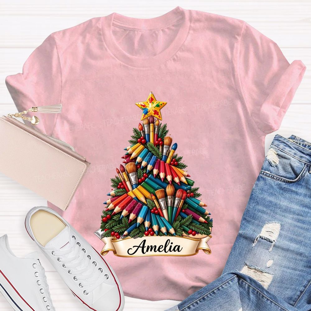 Personalized Name Paint Brush Colored Pencil Christmas Tree Art Teacher T-shirt