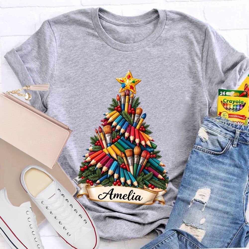 Personalized Name Paint Brush Colored Pencil Christmas Tree Art Teacher T-shirt