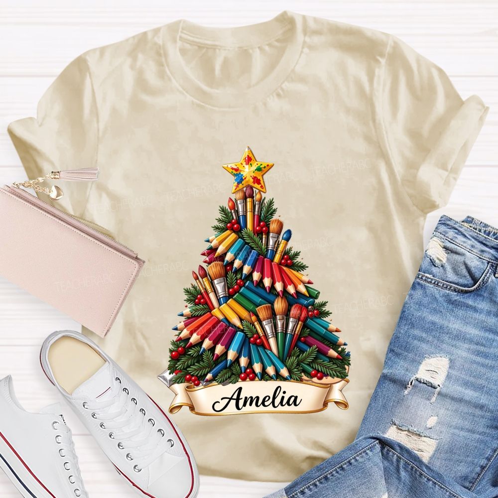Personalized Name Paint Brush Colored Pencil Christmas Tree Art Teacher T-shirt