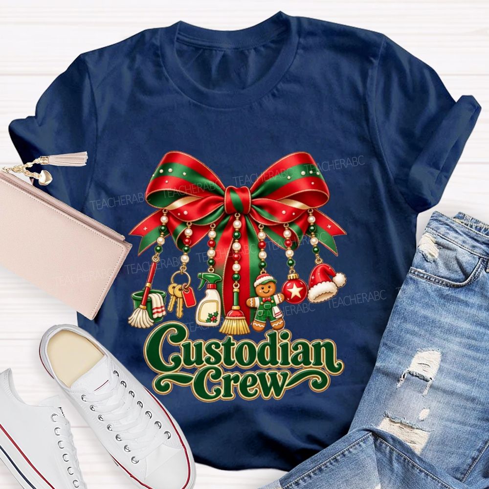 Custodian Crew Christmas Bow School Custodian Holiday T-shirt