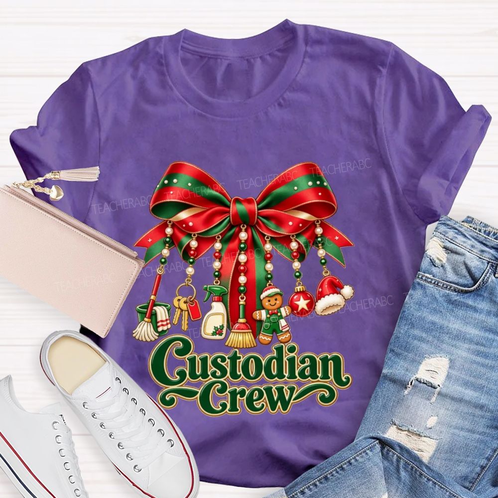 Custodian Crew Christmas Bow School Custodian Holiday T-shirt