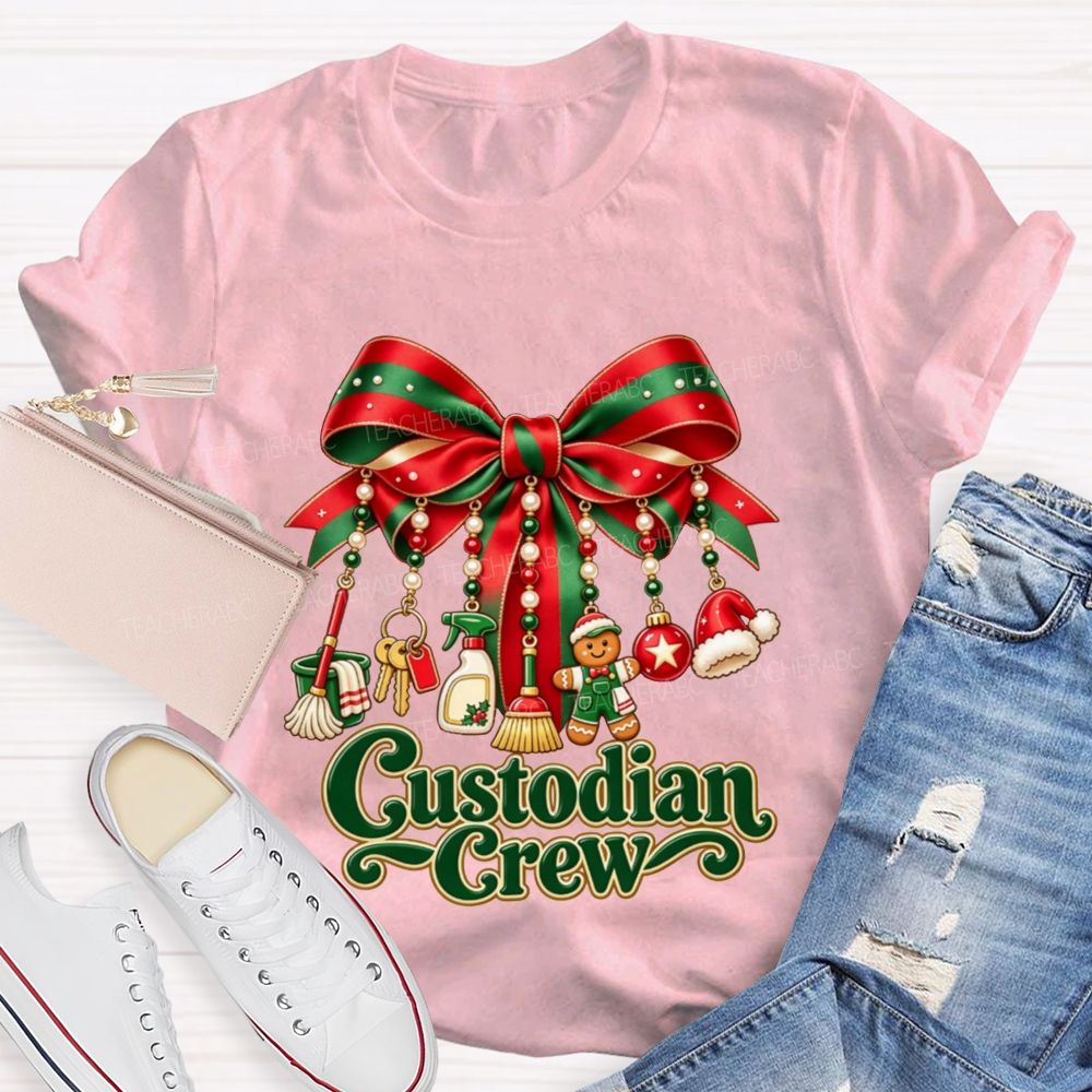 Custodian Crew Christmas Bow School Custodian Holiday T-shirt