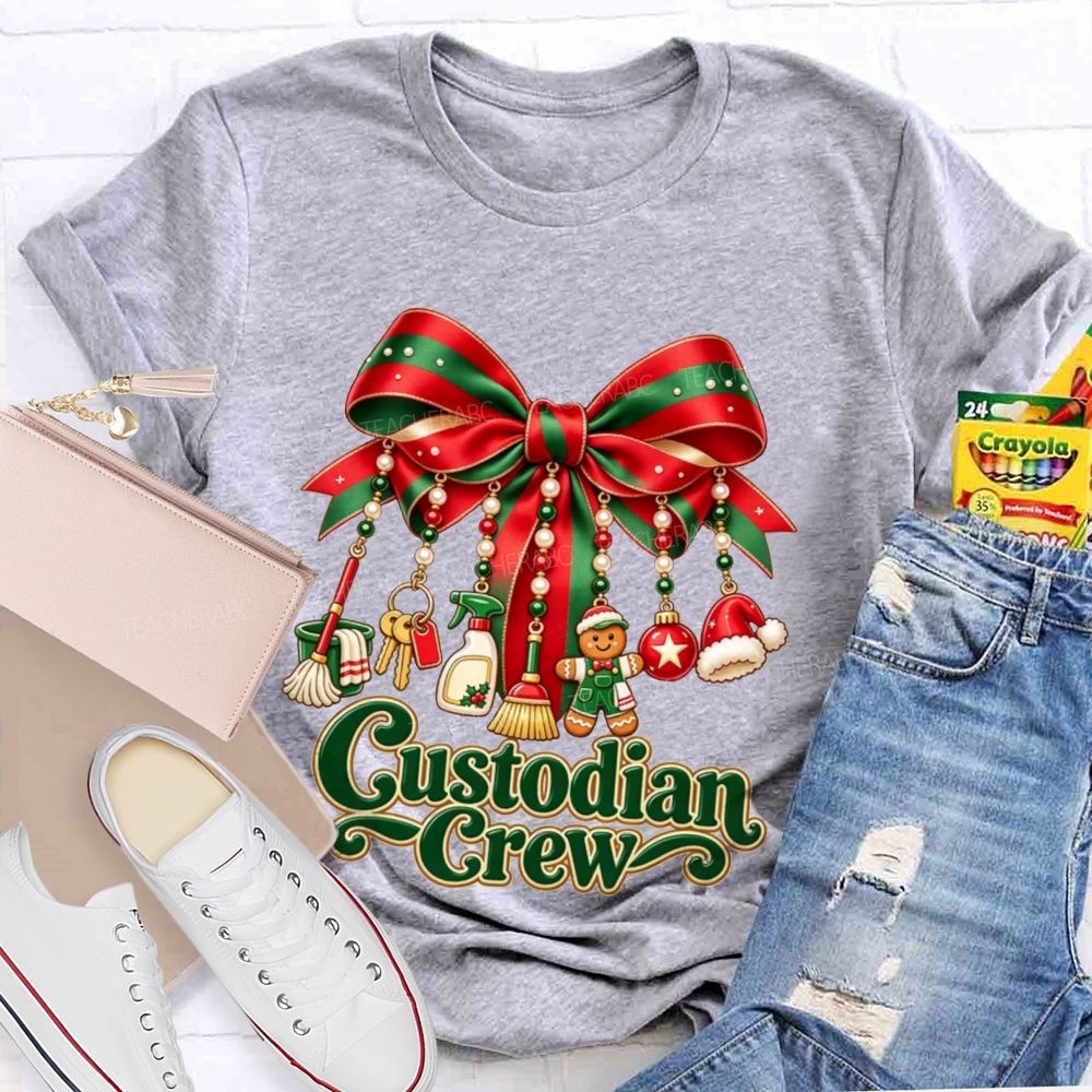Custodian Crew Christmas Bow School Custodian Holiday T-shirt