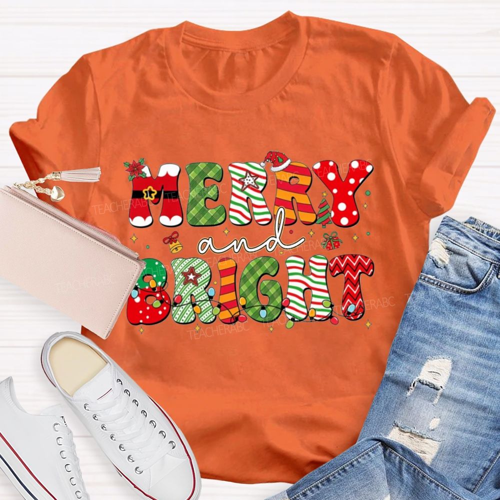 Merry And Bright Christmas Teacher T-shirt