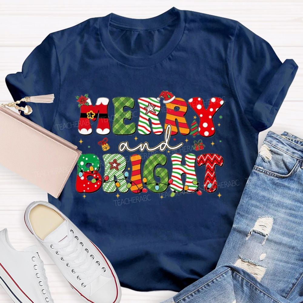 Merry And Bright Christmas Teacher T-shirt