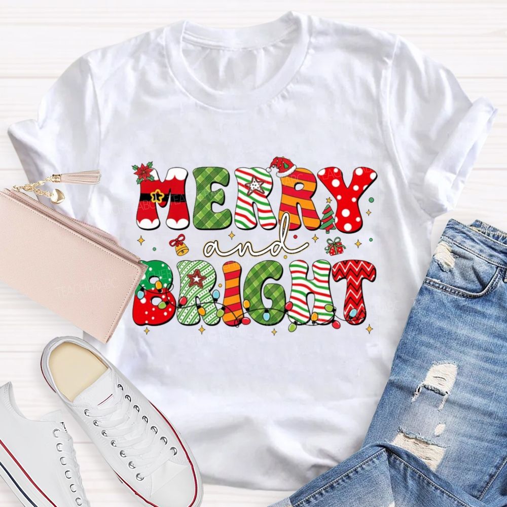 Merry And Bright Christmas Teacher T-shirt