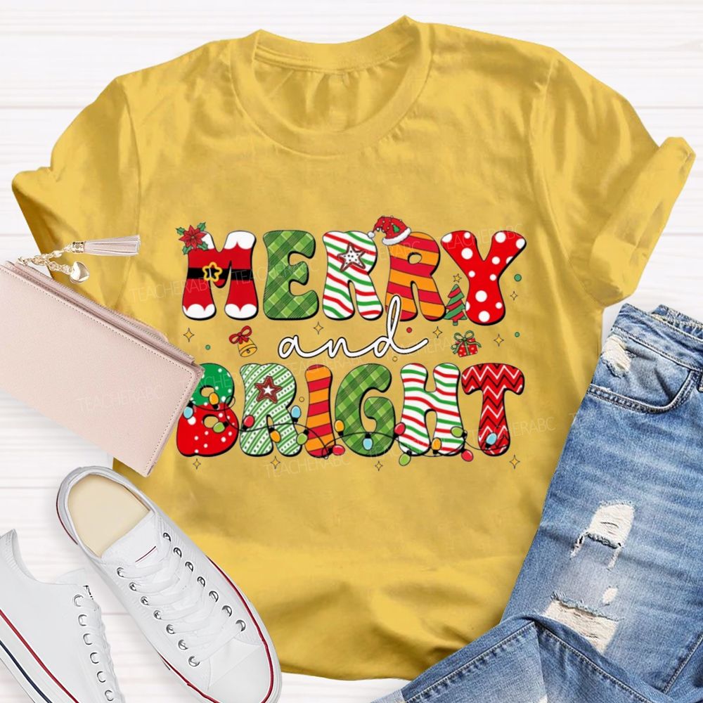Merry And Bright Christmas Teacher T-shirt