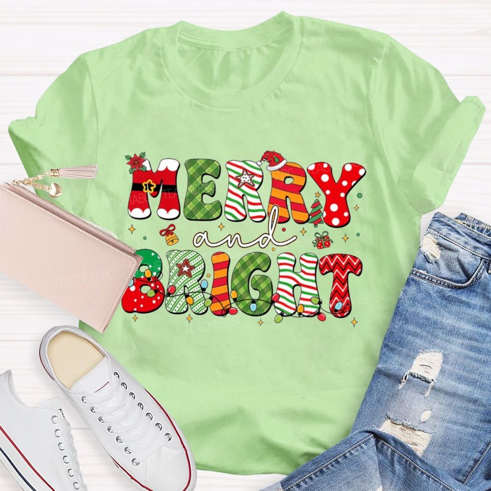 Merry And Bright Christmas Teacher T-shirt