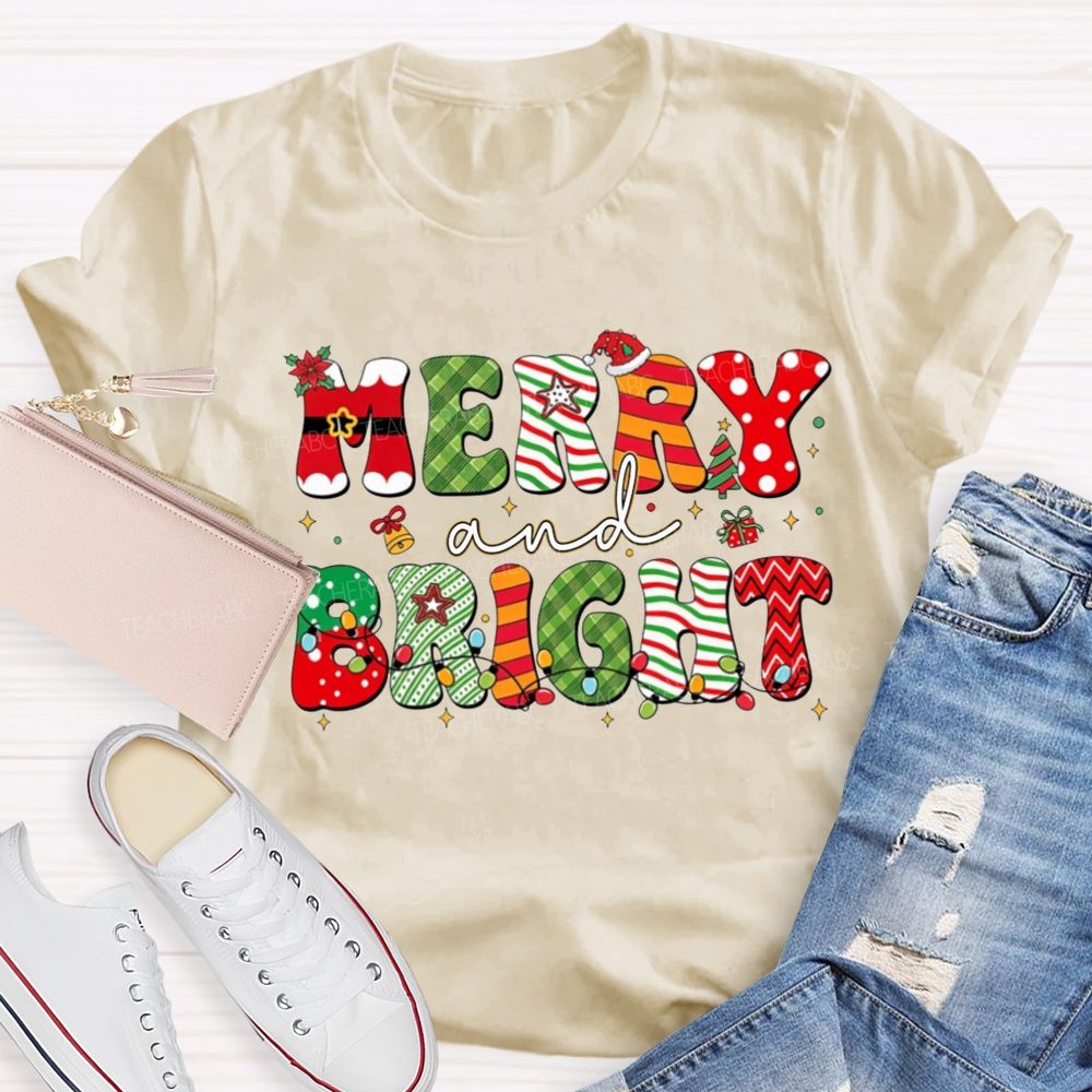 Merry And Bright Christmas Teacher T-shirt