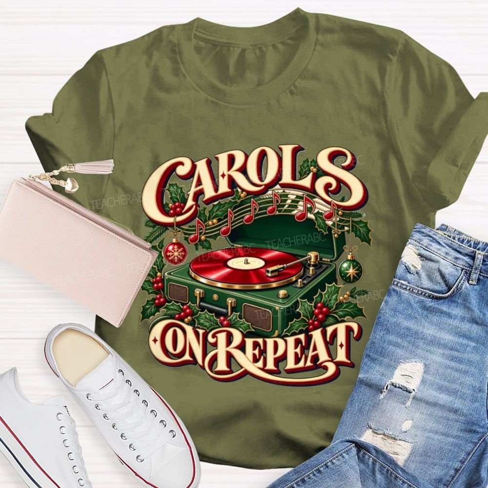 Carols On Repeat Christmas Music Notes Holly Teacher T-shirt