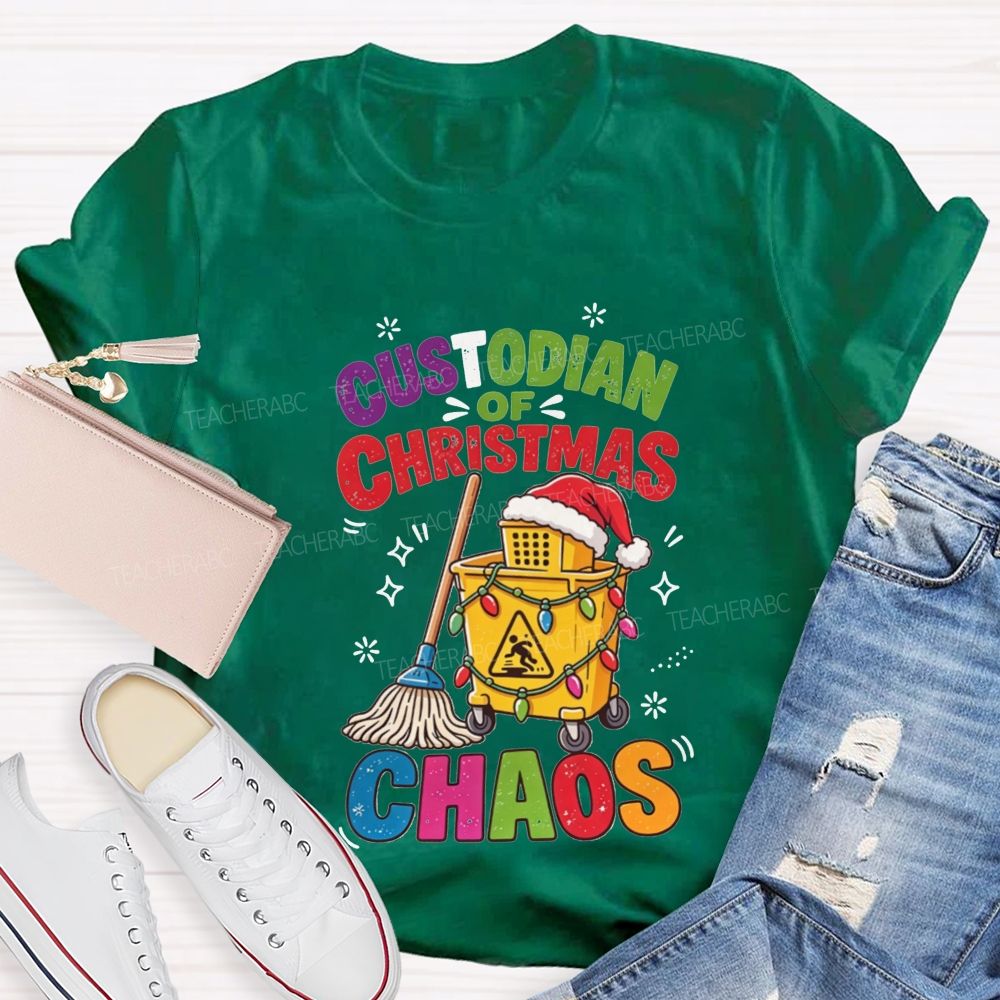 Custodian Of Christmas Santa Hat Cleaning Cart Mop Holiday T-shirt