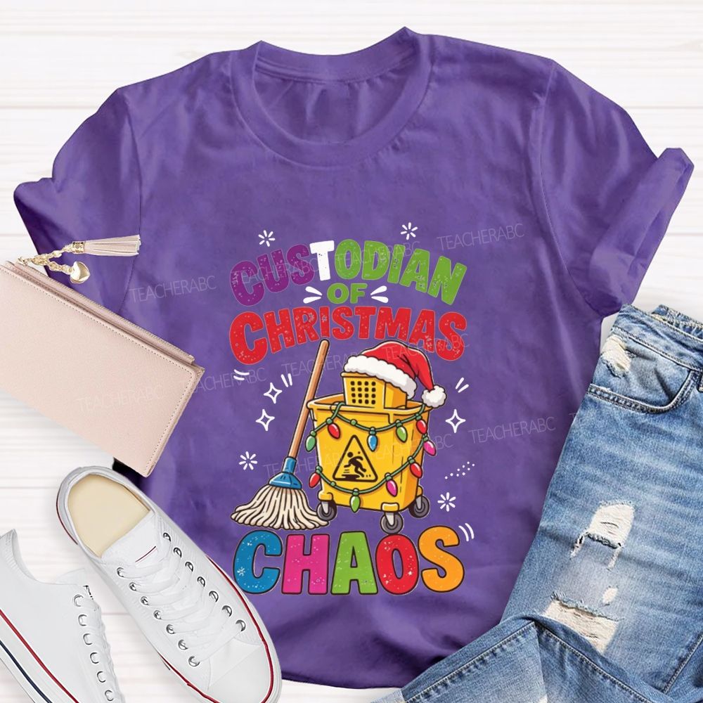 Custodian Of Christmas Santa Hat Cleaning Cart Mop Holiday T-shirt