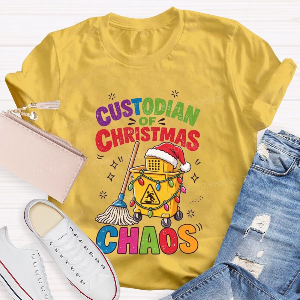 Custodian Of Christmas Santa Hat Cleaning Cart Mop Holiday T-shirt
