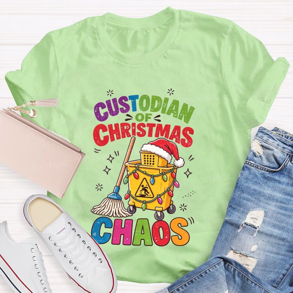 Custodian Of Christmas Santa Hat Cleaning Cart Mop Holiday T-shirt