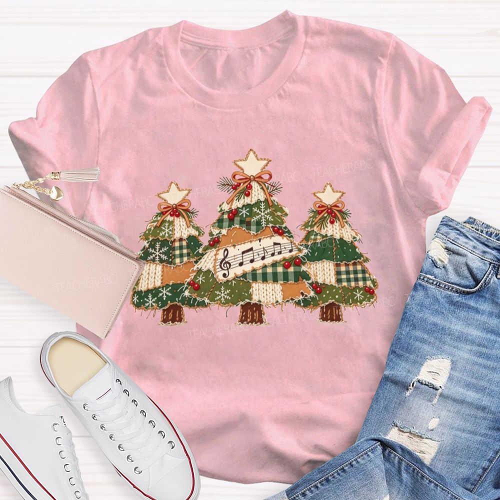 Patchwork Christmas Trees Music Notes Music Teacher Christmas T-shirt
