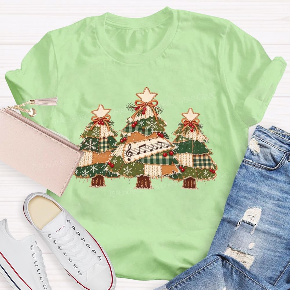 Patchwork Christmas Trees Music Notes Music Teacher Christmas T-shirt
