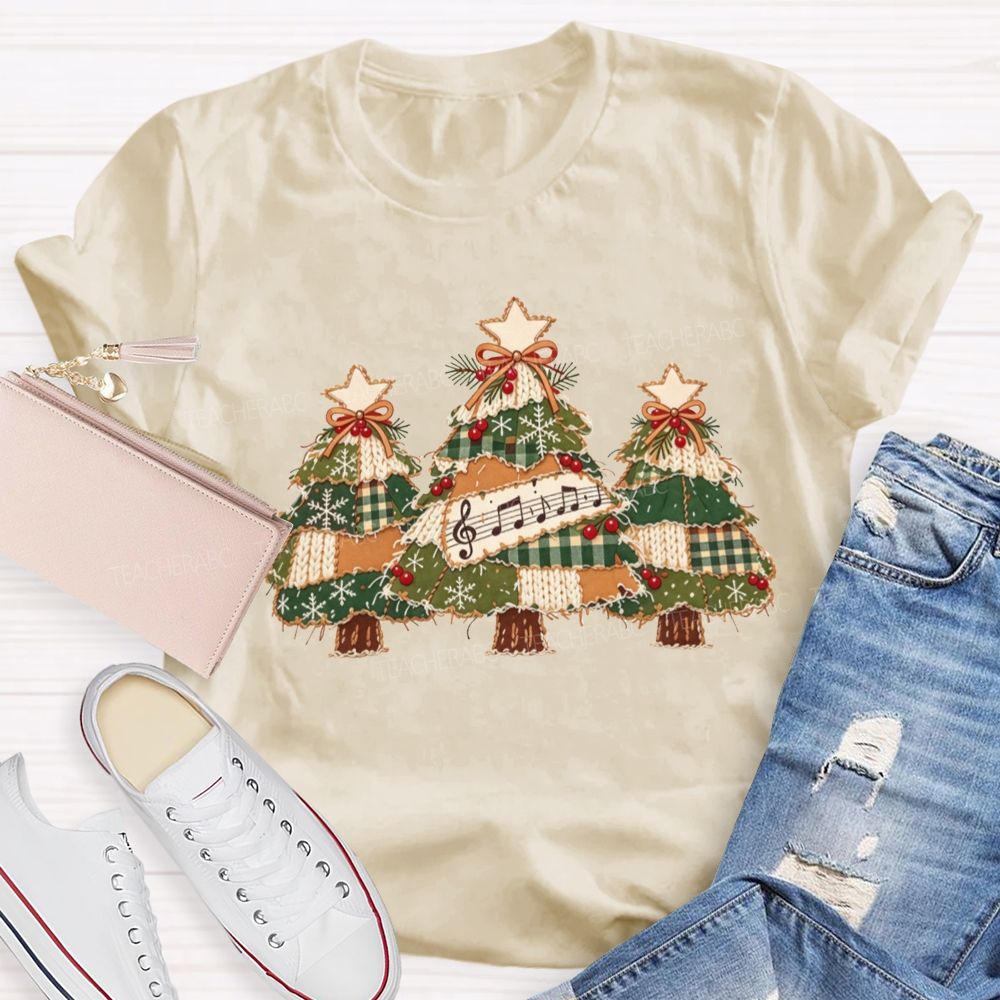 Patchwork Christmas Trees Music Notes Music Teacher Christmas T-shirt