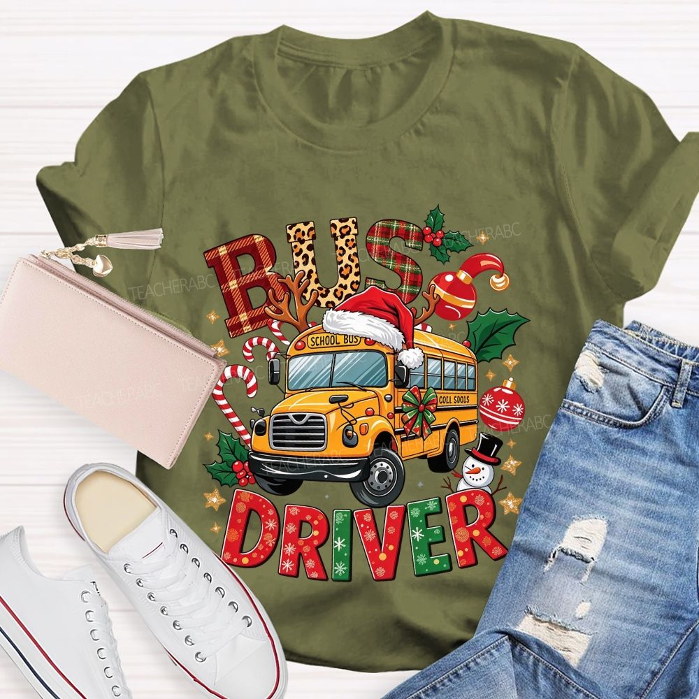 School Bus Driver Christmas Leopard Plaid T-shirt