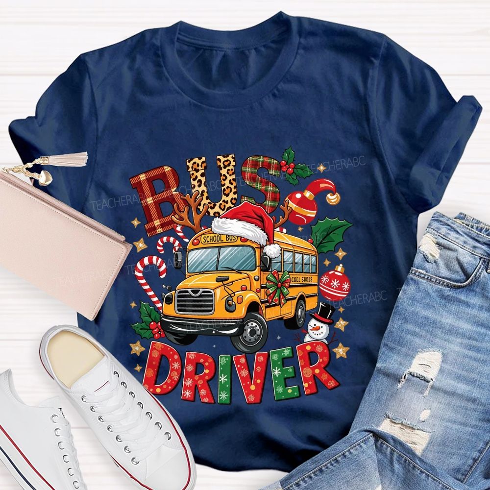 School Bus Driver Christmas Leopard Plaid T-shirt