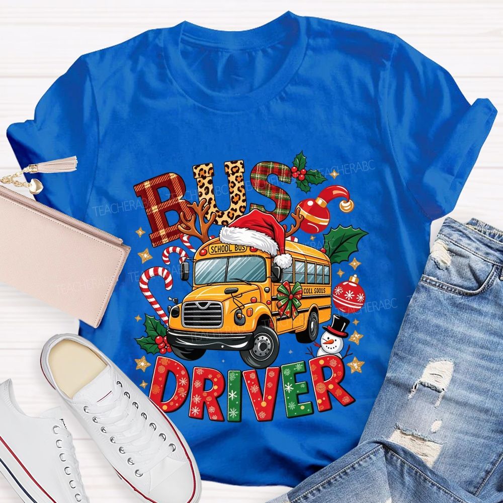 School Bus Driver Christmas Leopard Plaid T-shirt