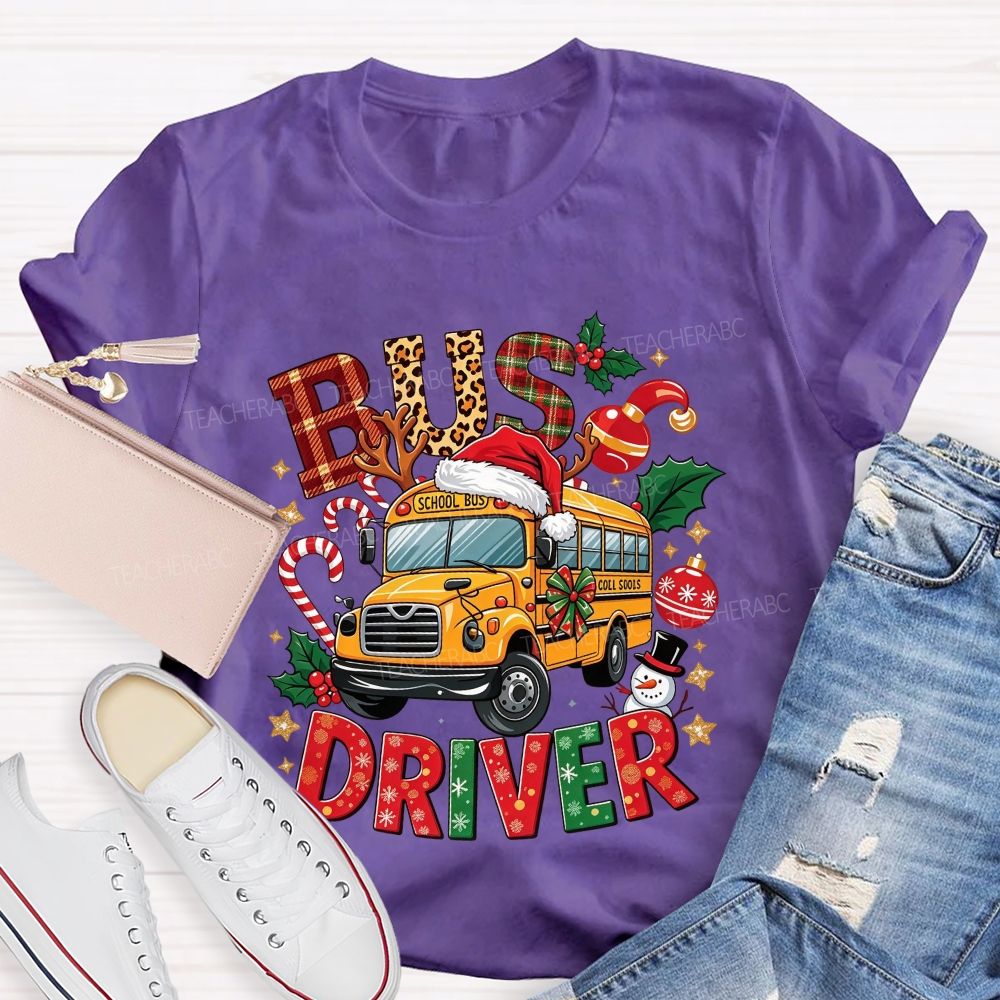 School Bus Driver Christmas Leopard Plaid T-shirt